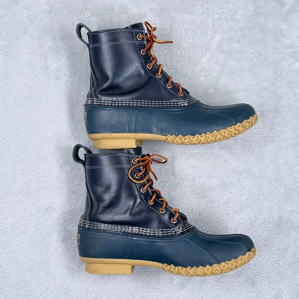 LL Bean Duck Boots Womens 11 Blue Vintage Leather Waterproof Rain Boots Made USA